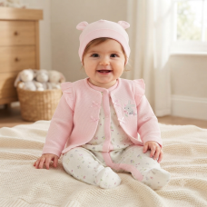 N14757: Baby Girls Waffle Fabric Jacket, All In One & Hat Outfit (0-9 Months)